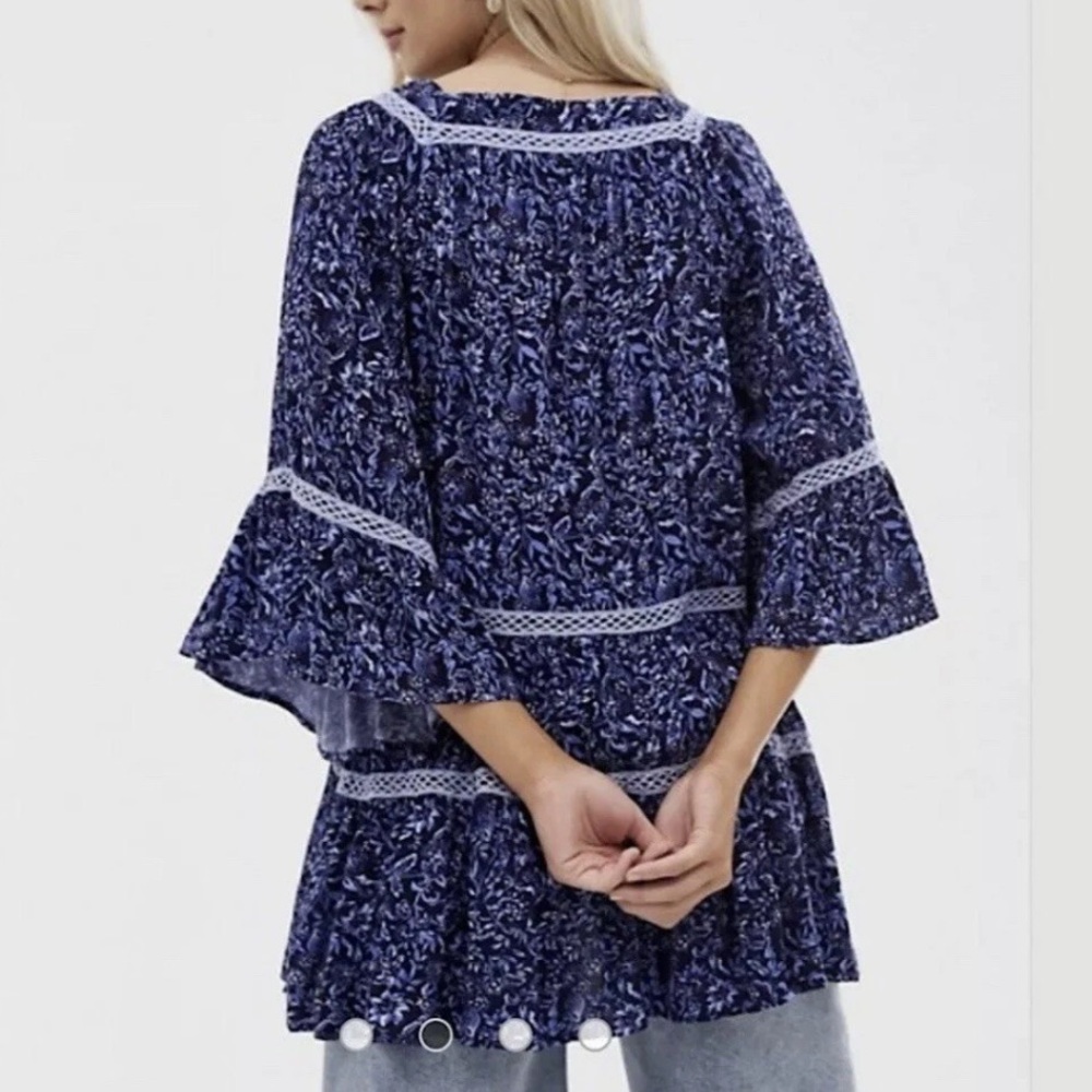 Free People Talk About It Navy Floral Lace-Trim Tunic size S - Picture 2 of 6